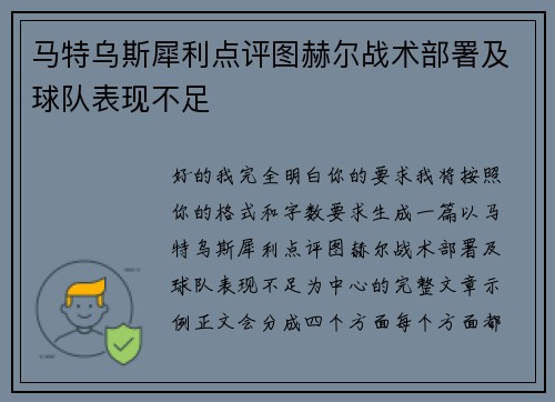 马特乌斯犀利点评图赫尔战术部署及球队表现不足